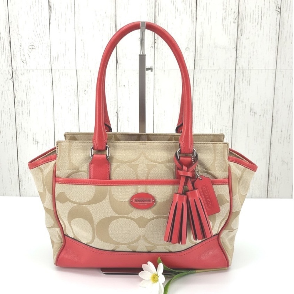 Coach 24204 Signature Tote Red Leather Trim Tassel Charm Excellent Condition - Picture 1 of 12